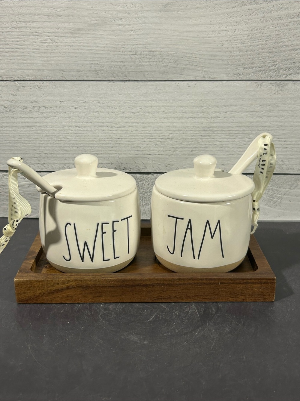 Rae Dunn Cream Ceramic 'SWEET' & 'JAM' Jars with Spoons on Wood Tray
